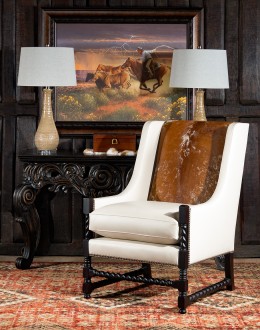 Fine Western Chic Leather Accent Chair cream leather accent chair with exposed wood frame and cowhide