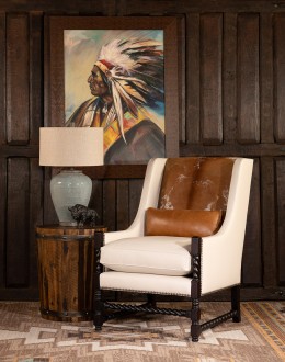 Fine Western Chic Leather Accent Chair cream leather accent chair with exposed wood frame and cowhide