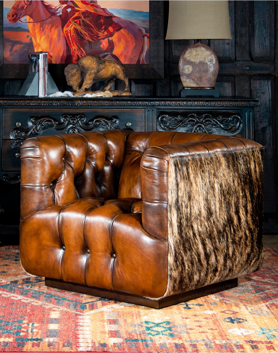 Beretta Club Chair tufted leather club chair with antiqued leather and brindle cowhide on the outside