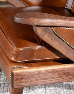 modern rustic leather chair with exposed wood arms