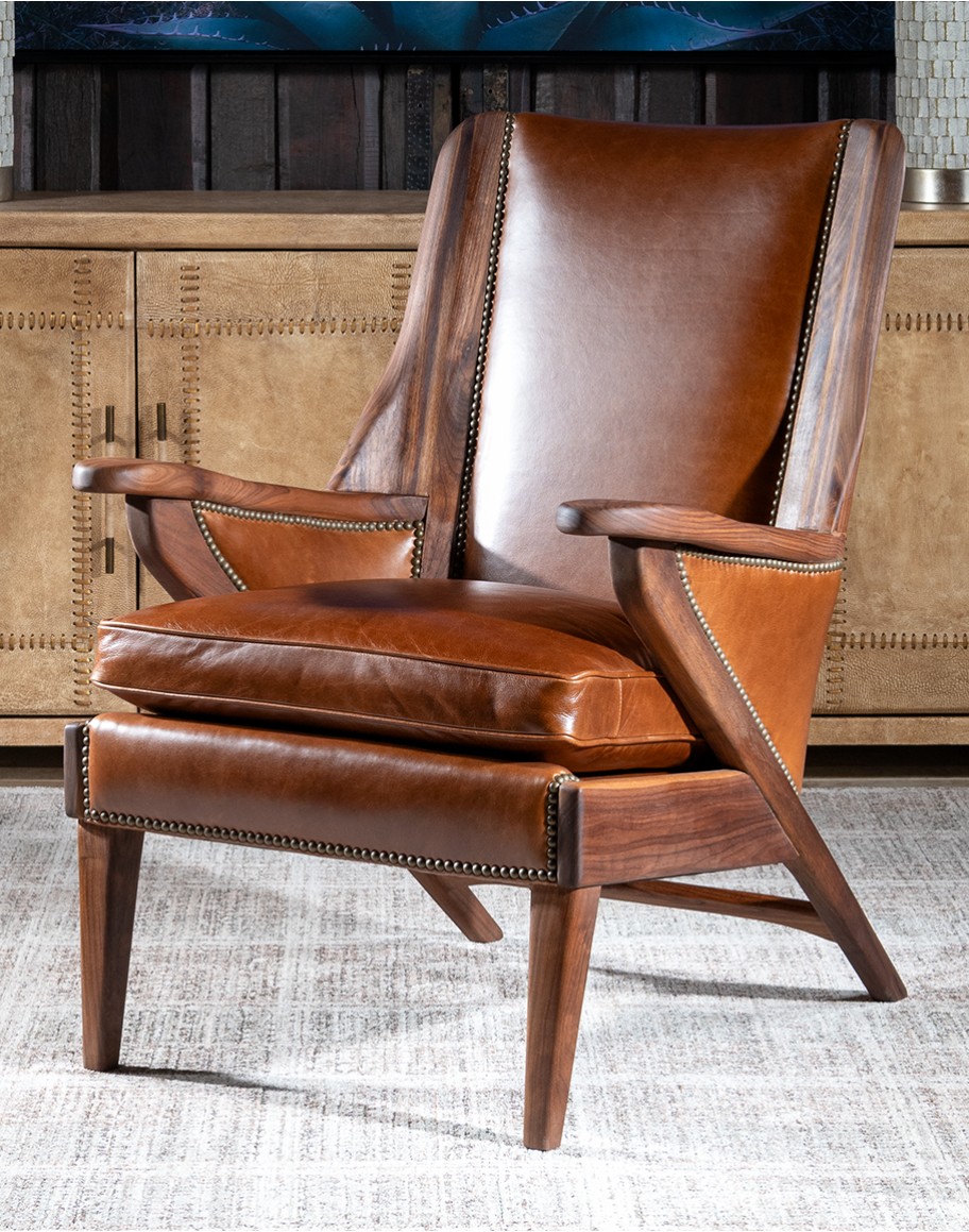 modern rustic leather chair with exposed wood arms