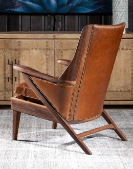 modern rustic leather chair with exposed wood arms