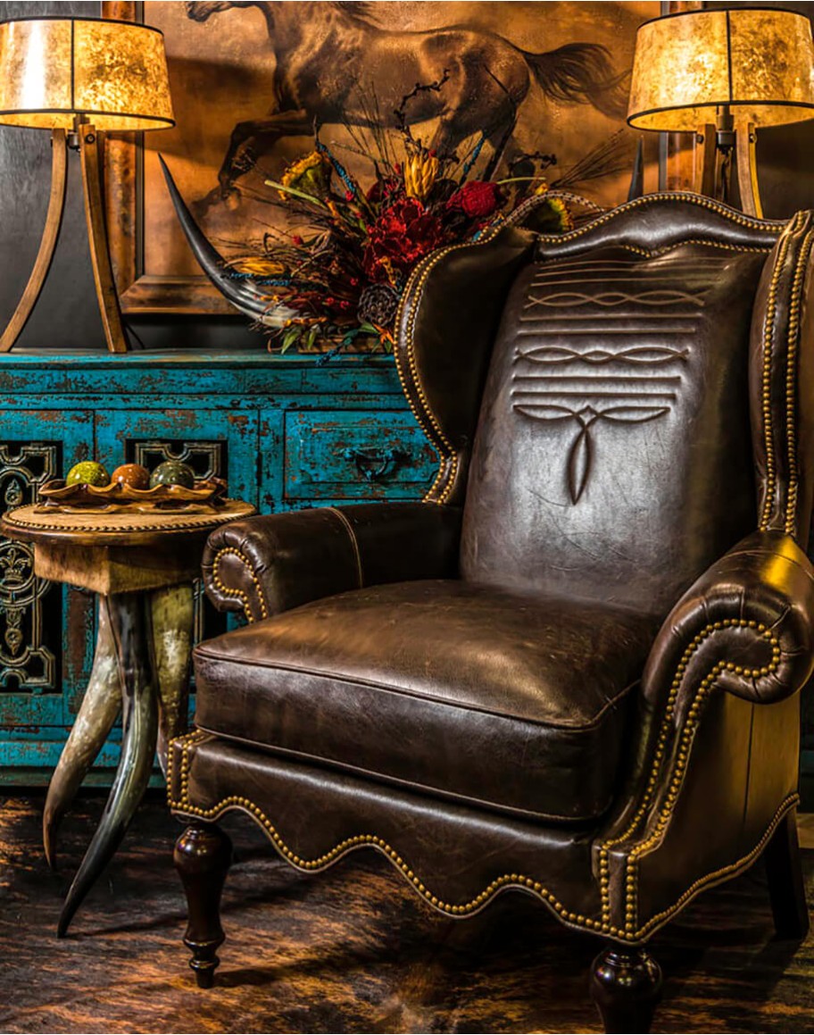 Fine Western Style Wing Back Chair with a Boot Stitch Design leather chair with western boot stitching design