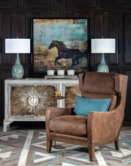 Bronco Blaze Leather Chair Bronco Blaze Leather Chair in distressed chocolate brown, showcasing arched wings, bustle back design, and American-made craftsmanship.