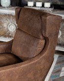 Bronco Blaze Leather Chair in distressed chocolate brown, showcasing arched wings, bustle back design, and American-made craftsmanship.