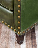 distressed olive color leather chair with boot stitch emblem on seat back