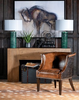 Diamondback Leather Chair in modern rustic style, featuring full-grain, hand-burnished leather and diamond-stitched top-grain leather accents, made with 8-way hand-tied construction, perfect for bedroom, office, or living area.