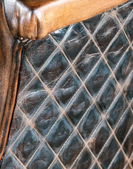 Diamondback Leather Chair in modern rustic style, featuring full-grain, hand-burnished leather and diamond-stitched top-grain leather accents, made with 8-way hand-tied construction, perfect for bedroom, office, or living area.