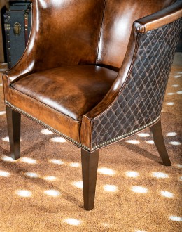 Diamondback Leather Chair in modern rustic style, featuring full-grain, hand-burnished leather and diamond-stitched top-grain leather accents, made with 8-way hand-tied construction, perfect for bedroom, office, or living area.