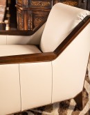 cream leather accent chair with exposed wood frame 