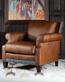 distressed tan leather chair with denim blue leather accents 