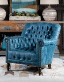distressed denim leather chair with button tufting