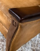 A luxurious Lucky Leather Chair featuring a rich tan full-grain leather upholstery, contrasting leather accents on the arms, brass nail tacks, and a unique leather horseshoe detail.