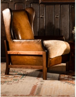 modern rustic leather chair with exposed wood arms,accent chair with saddle leather