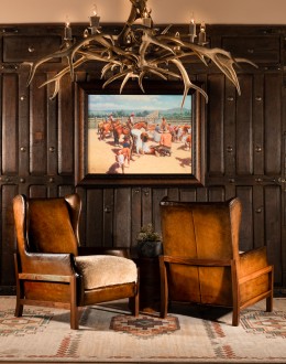 modern rustic leather chair with exposed wood arms,accent chair with saddle leather