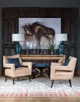 Rhodes Leather Chair in cream top grain leather with a low-profile, modern rustic design, showcasing American craftsmanship.