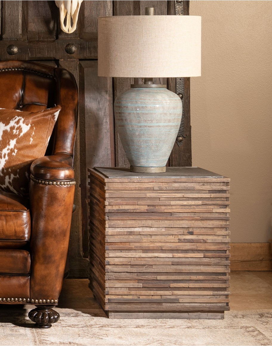rustic wooden square accent table with stone top