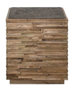 rustic wooden square accent table with stone top