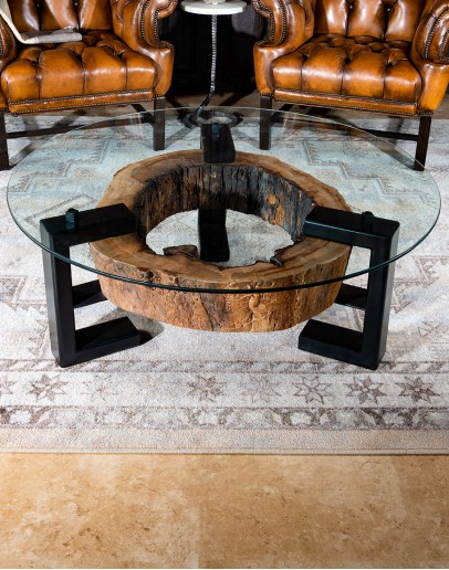 round live edge coffee table with glass top