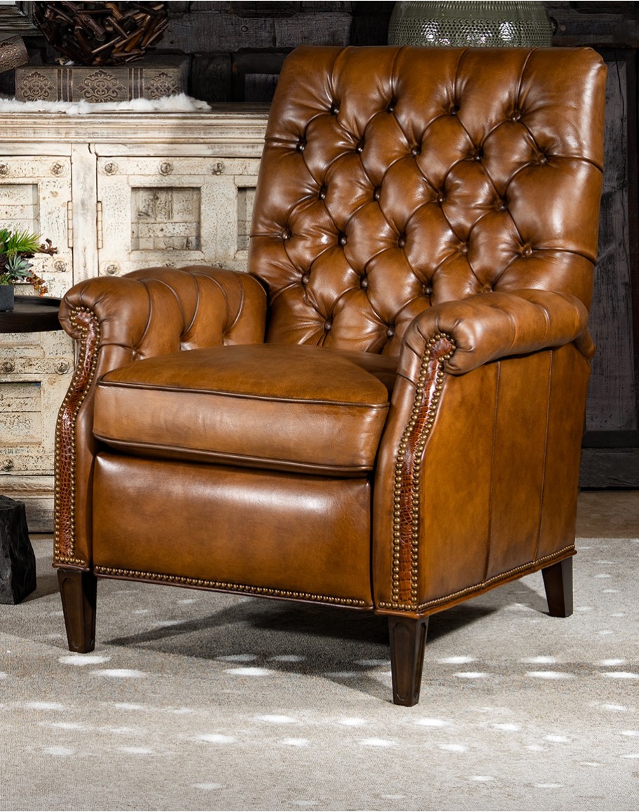 modern rustic tan leather recliner with button tufted back and arms