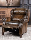 A luxurious Bronco Beretta Leather Recliner in rich brown top grain leather, featuring hand-burnished details, brass nail tacks, leather welting, and a bustleback design for optimal head and neck support.