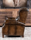 A luxurious Bronco Beretta Leather Recliner in rich brown top grain leather, featuring hand-burnished details, brass nail tacks, leather welting, and a bustleback design for optimal head and neck support.