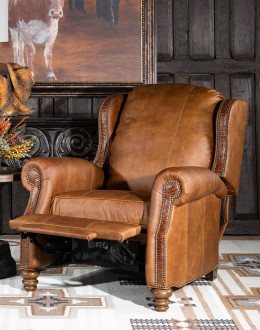 distressed tan leather wingback recliner