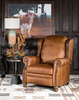 distressed tan leather wingback recliner