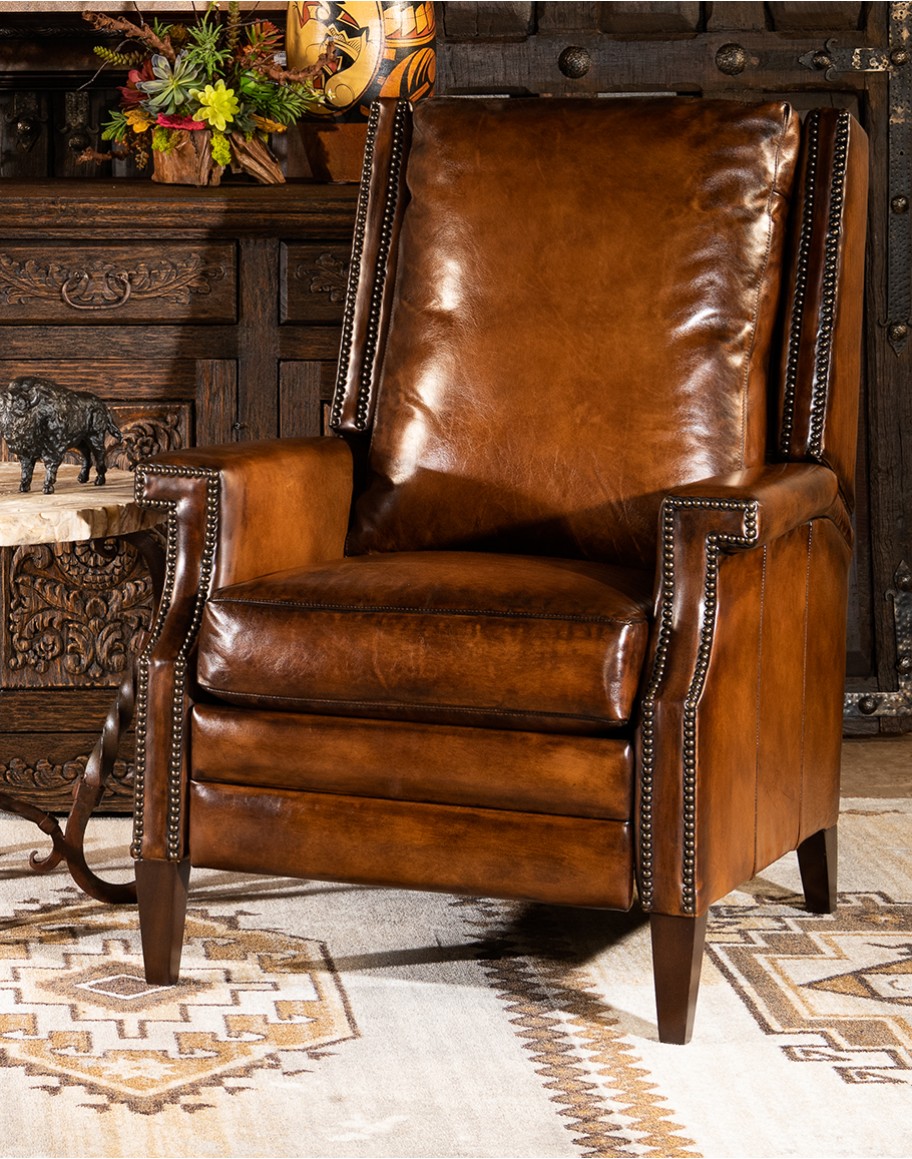 Hand Burnished Tan Leather Recliner upscale ranch style brown leather recliner,brown recliner with saddle leather,modern coco recliner