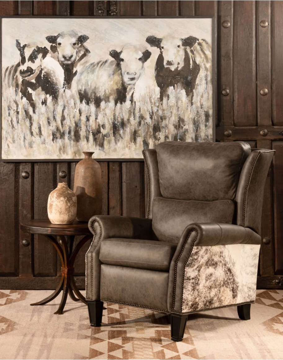 wingback recliner with grey leather and grey brindle cowhide accents