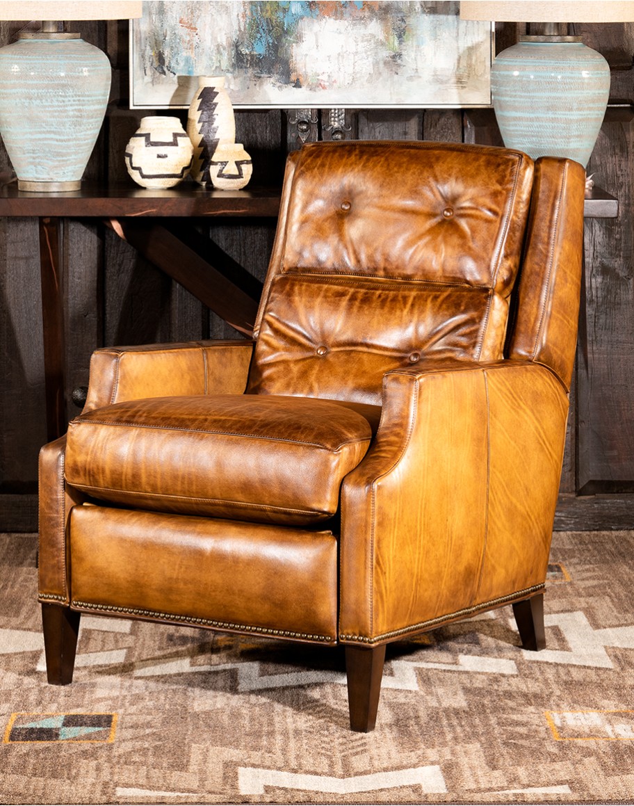 upscale ranch style tan leather recliner,tan recliner with saddle leather