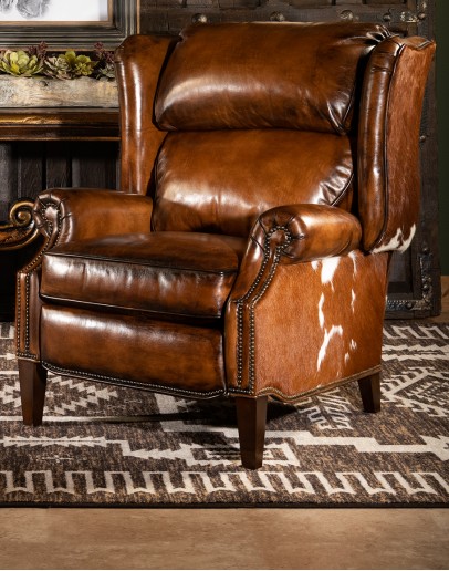 upscale ranch style brown leather recliner,brown recliner with saddle leather and cowhide