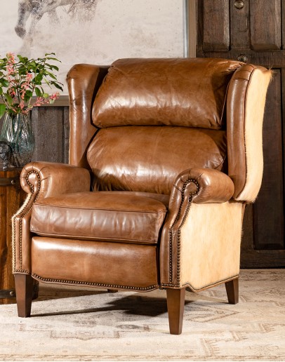 upscale ranch style brown leather recliner,brown recliner with saddle leather and cowhide
