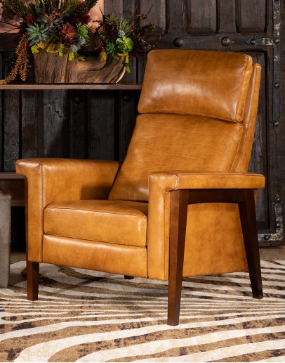 upscale ranch style tan leather recliner,tan recliner with saddle leather,modern coco recliner