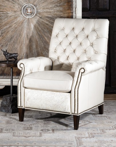 modern rustic white leather recliner with button tufted back and arms