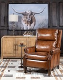 Brown Leather Recliner with full-grain leather, hand-burnished details, brass nail tacks, and bustle back design for optimal comfort.