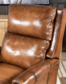 Brown Leather Recliner with full-grain leather, hand-burnished details, brass nail tacks, and bustle back design for optimal comfort.