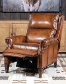 Brown Leather Recliner with full-grain leather, hand-burnished details, brass nail tacks, and bustle back design for optimal comfort.