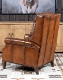 Brown Leather Recliner with full-grain leather, hand-burnished details, brass nail tacks, and bustle back design for optimal comfort.