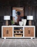 A TX Blanco Media Console with a two-tone finish, combining Avalanche White and Vintage Natural over rustic Hickory wood. Features include four doors with dark brushed bronze bar pulls, adjustable shelves, and a ventilated back panel.