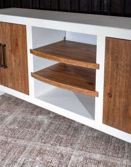 A TX Blanco Media Console with a two-tone finish, combining Avalanche White and Vintage Natural over rustic Hickory wood. Features include four doors with dark brushed bronze bar pulls, adjustable shelves, and a ventilated back panel.