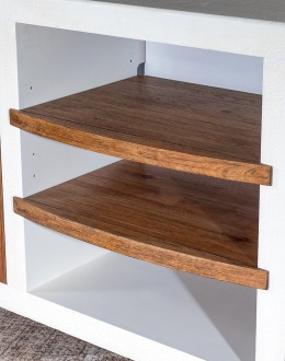 A TX Blanco Media Console with a two-tone finish, combining Avalanche White and Vintage Natural over rustic Hickory wood. Features include four doors with dark brushed bronze bar pulls, adjustable shelves, and a ventilated back panel.