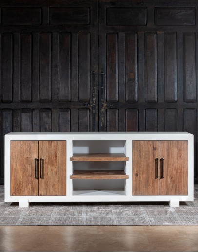 TX Blanco Media Console A TX Blanco Media Console with a two-tone finish, combining Avalanche White and Vintage Natural over rustic Hickory wood. Features include four doors with dark brushed bronze bar pulls, adjustable shelves, and a ventilated back panel.