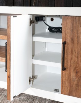 A TX Blanco Media Console with a two-tone finish, combining Avalanche White and Vintage Natural over rustic Hickory wood. Features include four doors with dark brushed bronze bar pulls, adjustable shelves, and a ventilated back panel.