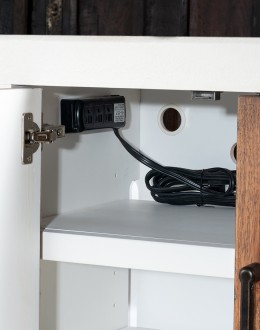 A TX Blanco Media Console with a two-tone finish, combining Avalanche White and Vintage Natural over rustic Hickory wood. Features include four doors with dark brushed bronze bar pulls, adjustable shelves, and a ventilated back panel.