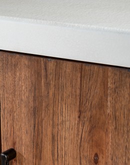 A TX Blanco Media Console with a two-tone finish, combining Avalanche White and Vintage Natural over rustic Hickory wood. Features include four doors with dark brushed bronze bar pulls, adjustable shelves, and a ventilated back panel.