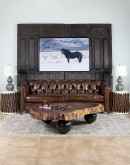 Lockwood Smoked Chesterfield Sofa in bronzed chocolate brown full-grain leather with button tufting, brass nail tacks, and handcrafted detailing