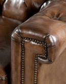 Lockwood Smoked Chesterfield Sofa in bronzed chocolate brown full-grain leather with button tufting, brass nail tacks, and handcrafted detailing