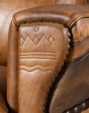 Mountain Mesa Leather Sofa featuring hand-painted mountain landscape, full-grain leather upholstery, and stitched front arm panels, part of Adobe Interiors' Mountain Ranch Collection.