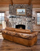 Mountain Mesa Leather Sofa featuring hand-painted mountain landscape, full-grain leather upholstery, and stitched front arm panels, part of Adobe Interiors' Mountain Ranch Collection.